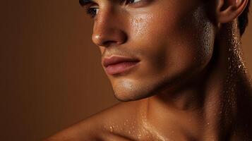 Close-up of a man's face and upper body with a slightly blurred tan background. Visible freckles and water droplets on the man's face and neck. photo