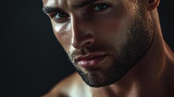 Intense gaze of a man, his face glistening, set against a dark background. Portrait of a man with strong features and a brooding expression. photo
