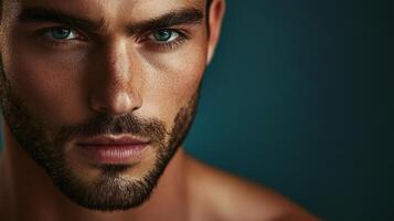 Intense portrait of a man with striking eyes and a rugged beard against a dark background. Shadows and light create depth and drama. photo