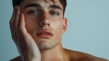 Portrait of a young man with striking features and a reflective expression, his hand gently touching his face against a plain background. photo