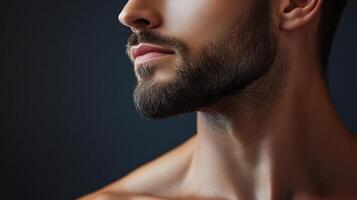 Close-up profile of a man's face showcasing his groomed beard and clean skin, highlighting masculine features and a sense of confidence. photo