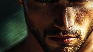 Close-up portrait captures intense gaze of a man. Focus on skin texture, facial hair, highlighted by dramatic lighting. photo