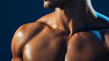 A striking close-up captures the sculpted physique of a muscular torso, highlighted by a sheen of perspiration against a dark, moody backdrop. photo