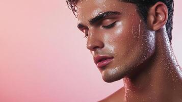 Close-up portrait of a man with water droplets on his face, closed eyes, and a serene expression against a soft pink backdrop. photo