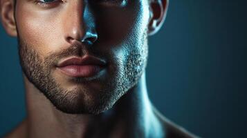 Striking portrait emphasizing contrasts, showcasing a model's features with sharp shadows and cool lighting. His gaze captivates in dark and light. photo