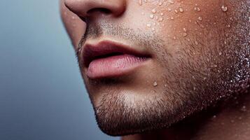 Close-up of a man's face with a bit of stubble and droplets of water on his skin. The man looks clean and revitalized. photo
