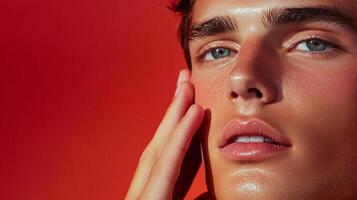 Close-up of a person with glowing skin, hand gently touching the face, against a bold red backdrop, emphasizing natural beauty. photo