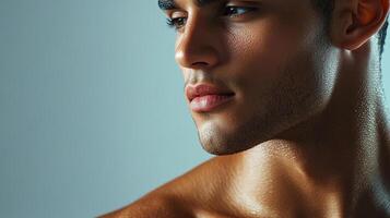 Striking studio portrait of a man with chiseled features, showcasing his smooth skin and intense gaze against a soft grey-blue background. photo