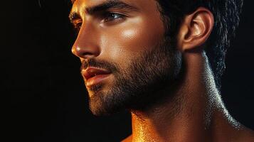 Profile of a handsome man with a dark beard and skin glistening with sweat against a dark background, looking intense and alluring. photo
