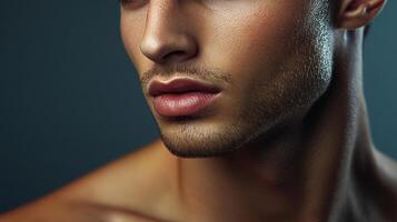 Close-up of a handsome man's face, showcasing his smooth skin, full lips, and light stubble against a muted, dark backdrop. photo