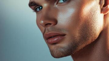 Close up of a handsome man with perfect skin. The lighting highlights his facial features, creating a captivating and artistic portrait. photo