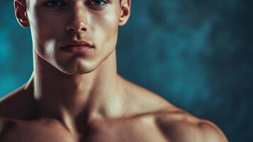 Striking portrait of a handsome man with intense eyes and defined features, set against a deep blue background. Confidence radiates. photo
