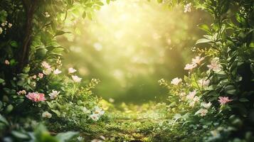 A serene path winding through lush greenery and delicate blossoms, bathed in gentle sunlight. Nature's embrace awaits discovery. photo