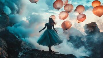 Woman in a blue dress stands on a smoky landscape with illuminated balloons floating above, capturing a surreal and dreamlike atmosphere. photo