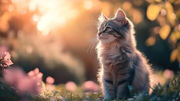 Fluffy kitten sitting in a field of flowers, looking towards the golden light. Innocent gaze into an ethereal background. photo