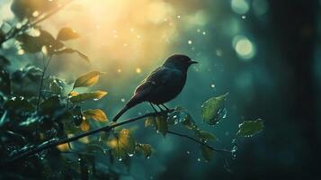 A little bird perches on a wet branch, backlit by sunlight, creating a tranquil, dreamy, and naturalistic composition. photo