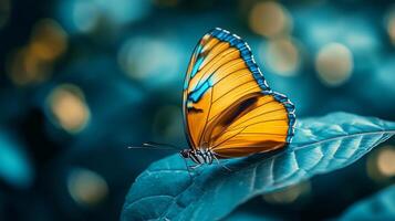 Striking butterfly with vibrant yellow and blue wings perched delicately on a blue leaf against a blurred bokeh background, serene. photo