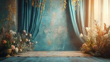 Serene indoor scene with floral arrangements and draped curtains. Soft light enhances the warm and inviting atmosphere for any product. photo