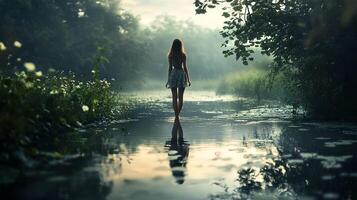 A woman in a dress walks through a serene, shallow body of water, reflecting the sky and trees in a misty, dreamlike scene. photo