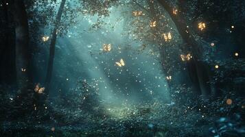 Mystical forest scene with glowing butterflies and light particles creating a magical, ethereal atmosphere at dusk or night. photo