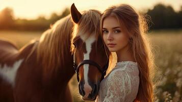 Ethereal portrait of a young woman standing next to her horse, basking in golden sunlight on meadow, creating a beautiful rural scene. photo