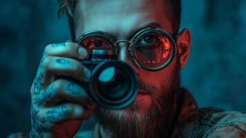 Man with glasses holds camera in front of face, illuminated by dramatic blue and red lighting, tattoos on hand, bearded hipster vibe. photo