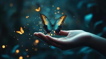 A colorful butterfly rests gently on a hand, surrounded by magical glowing specks, symbolizing transformation, beauty, and gentle touch. photo