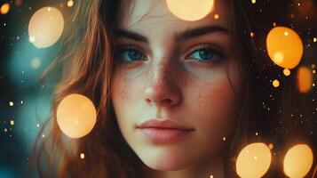 Portrait of a girl with freckles and blue eyes, surrounded by bright golden bokeh lights creating a whimsical, magical atmosphere. photo