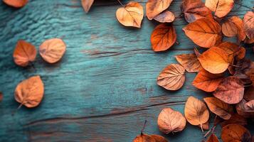 Autumn leaves on a rustic blue surface create a warm, textured backdrop. The leaves, in various shades of brown and orange, are crisp and dry. photo
