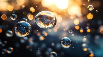 Floating spheres suspended in air reflect light and suggest wonder. The image captures a sense of mystery and ethereal quality. photo