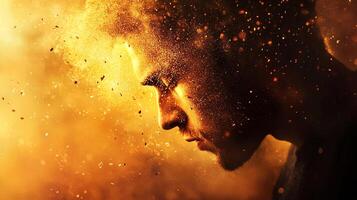Face in a dust storm, the profile of a man's face amidst an explosion of particles. The face is angled downwards in contemplation. photo
