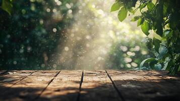 Rustic wooden planks amidst lush greenery, dappled sunlight filters through leaves creating bokeh. A serene natural scene. photo