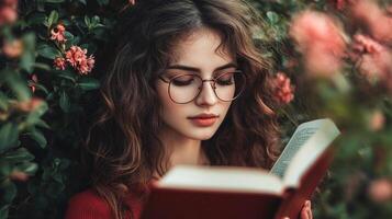 A young lady immersed in reading. The woman is surrounded by beautiful greenery and colorful flowers, creating a serene scene. photo