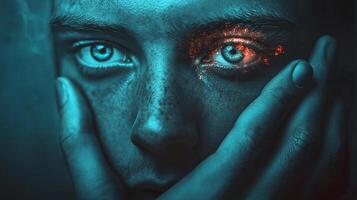 Intense close-up of face with hand, bathed in blue light. Eye with orange specks creates contrast, adding mystery and intrigue. photo