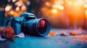 Camera on the ground with orange leaves around it and a reflection of trees in the lens with blurred orange light in background. photo