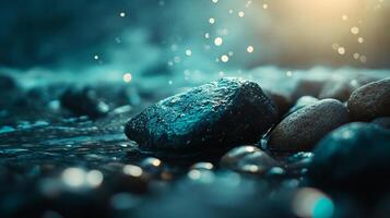 Rocks rest peacefully in shallow water, reflecting a dreamy light. A serene waterscape is captured in a close-up, moody composition. photo
