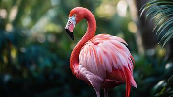 A striking flamingo stands tall amidst lush greenery, its vibrant pink feathers a vivid contrast against the verdant backdrop. photo