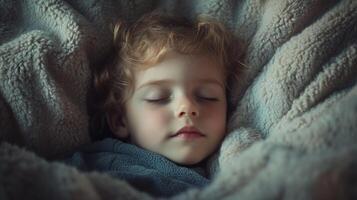A serene child peacefully sleeps, enveloped in soft, warm blankets, creating a cozy and comforting scene of childhood innocence. photo