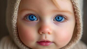 Close-up portrait of a baby with striking blue eyes, fair skin, and a knitted hood, capturing innocence and wonder with exceptional detail. photo