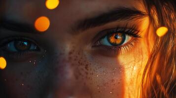 A close-up of a captivating amber eye, freckled face, and illuminated skin, all bathed in the soft glow of blurred lights. Gorgeous and inviting. photo