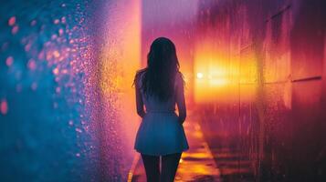Solitary figure walks into a vibrant, neon-lit cityscape during a downpour, creating a mood of mystery and urban reflection. photo
