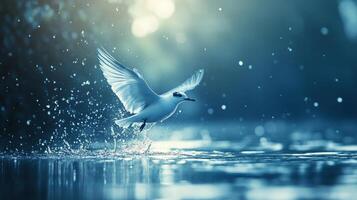 A beautiful white bird takes flight from a body of water, water splashes around its feet as it soars into the air, bathed in soft, serene lighting. photo