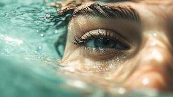Close-up of a person's face with their eye visible underwater, with reflections creating a surreal and immersive aquatic experience. photo