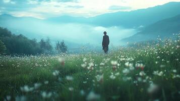 Person walking through a misty field filled with flowers, mountains visible in the background under a cloudy sky. Serene, tranquil scene. photo