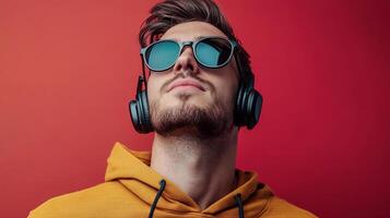Man with headphones and sunglasses, looks up against a red backdrop. Focus on style and personal expression. photo