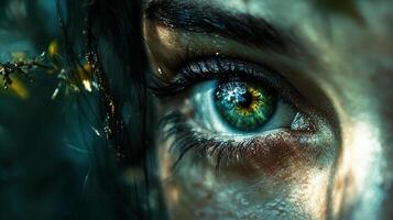 Close-up portrait captures a mesmerizing eye with vibrant green and gold hues, reflecting a world of mystery and depth within the iris. photo