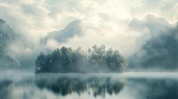Misty lake landscape reflecting a forested island and distant mountains under a cloudy sky, creating a serene, ethereal scene. photo