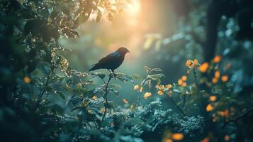 Bird perched on a dewy branch bathed in ethereal sunlight, nature's tranquility captured in this serene forest scene. photo