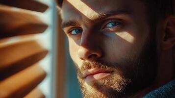Striking close-up of a handsome man illuminated by window light, showcasing intense gaze and thoughtful expression. Shadow play creates drama. photo