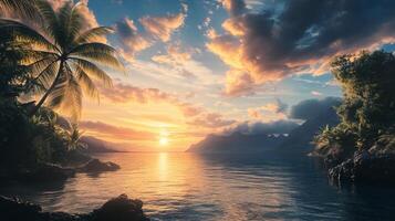 Tropical sunset panorama featuring palm trees, distant mountains, and a warm, radiant sky over calm ocean waters. Serene coastal landscape. photo